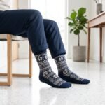 Lehvera merino wool hiking socks in navy and cream with Nordic snowflake pattern