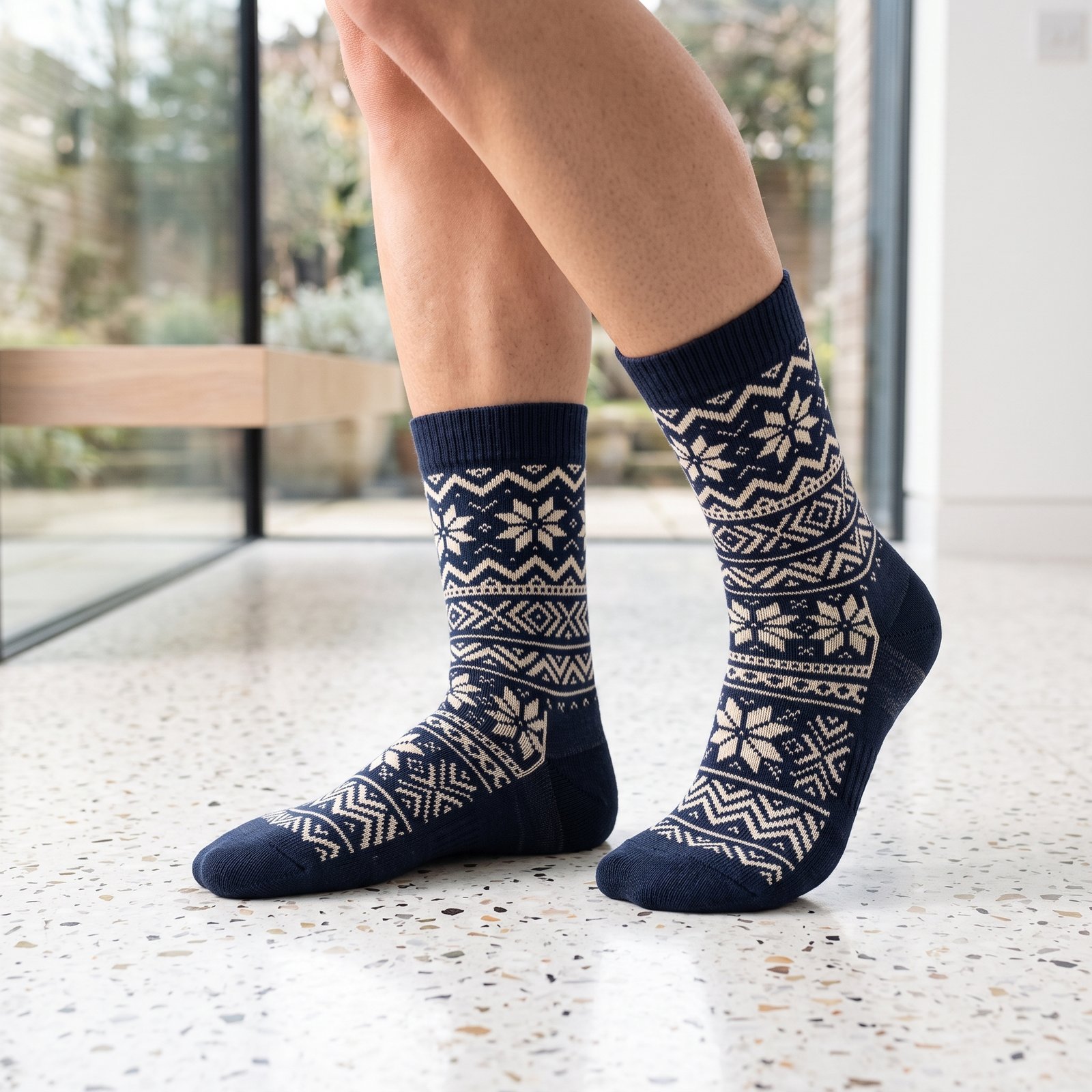 Lehvera Merino Wool Hiking Socks – Navy & Cream Nordic Pattern Lehvera merino wool hiking socks in navy and cream with Nordic snowflake pattern