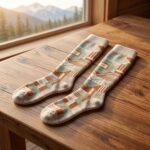 Merino wool compression socks with geometric green beige and rust pattern
