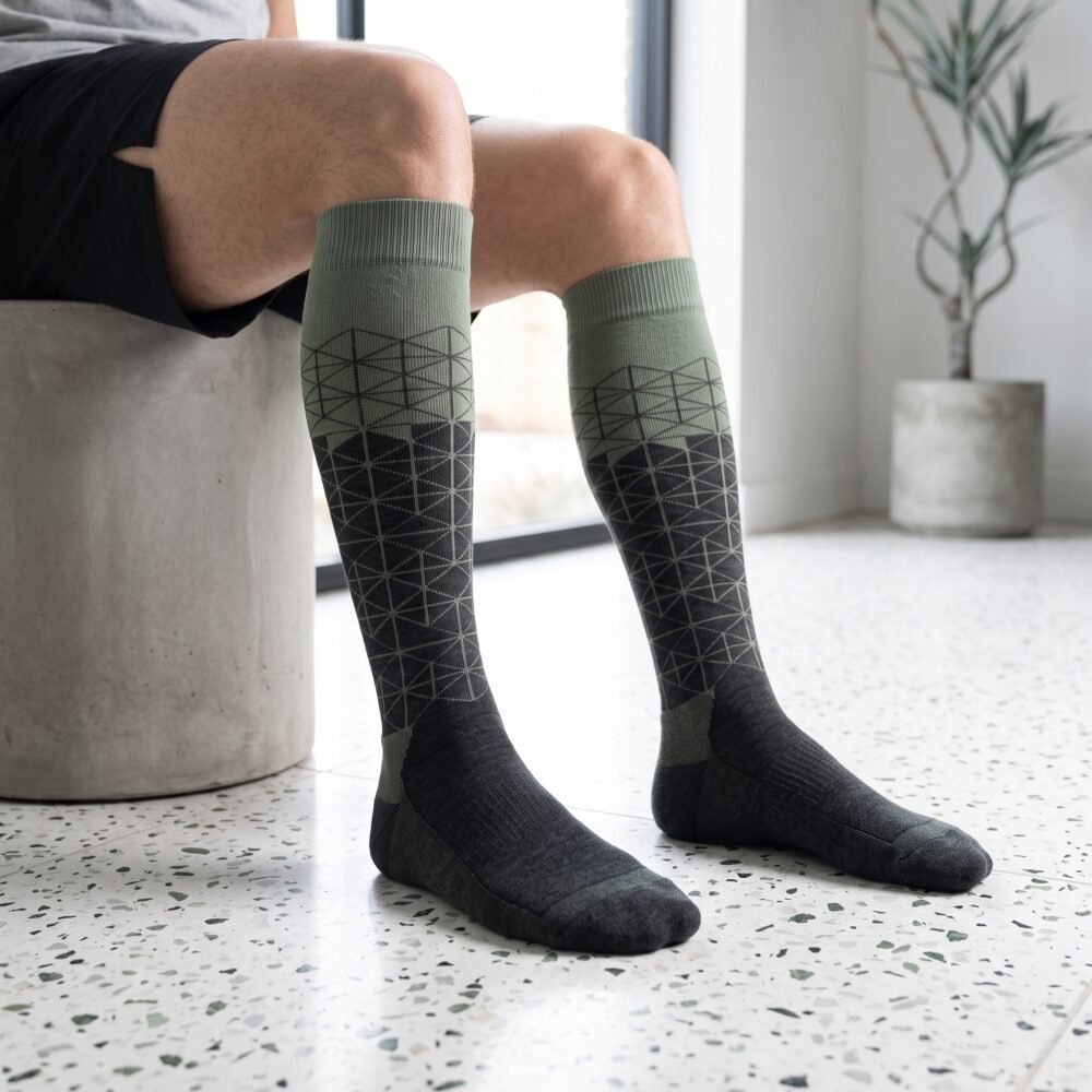 Men’s Merino Wool Compression Socks in sage green and charcoal with geometric pattern