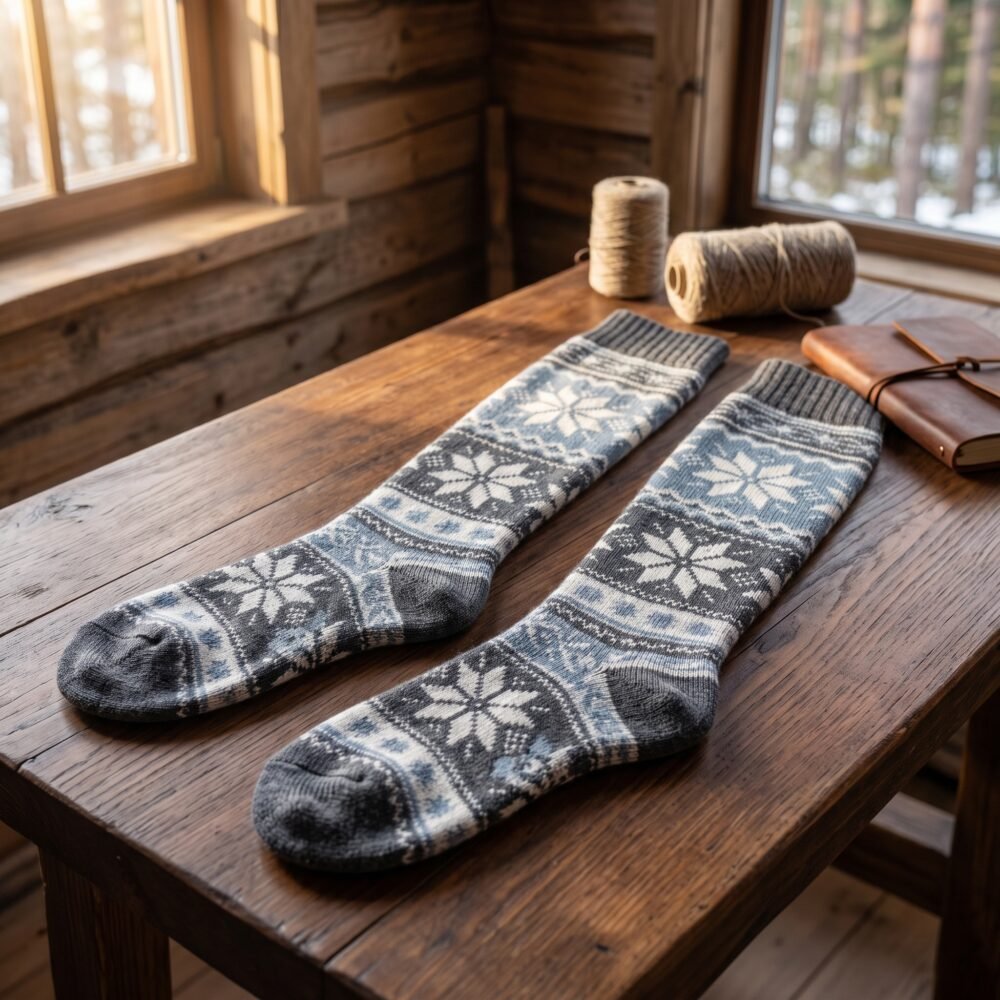Merino wool compression socks with gray and cream snowflake pattern