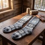 Merino wool compression socks with gray and cream snowflake pattern