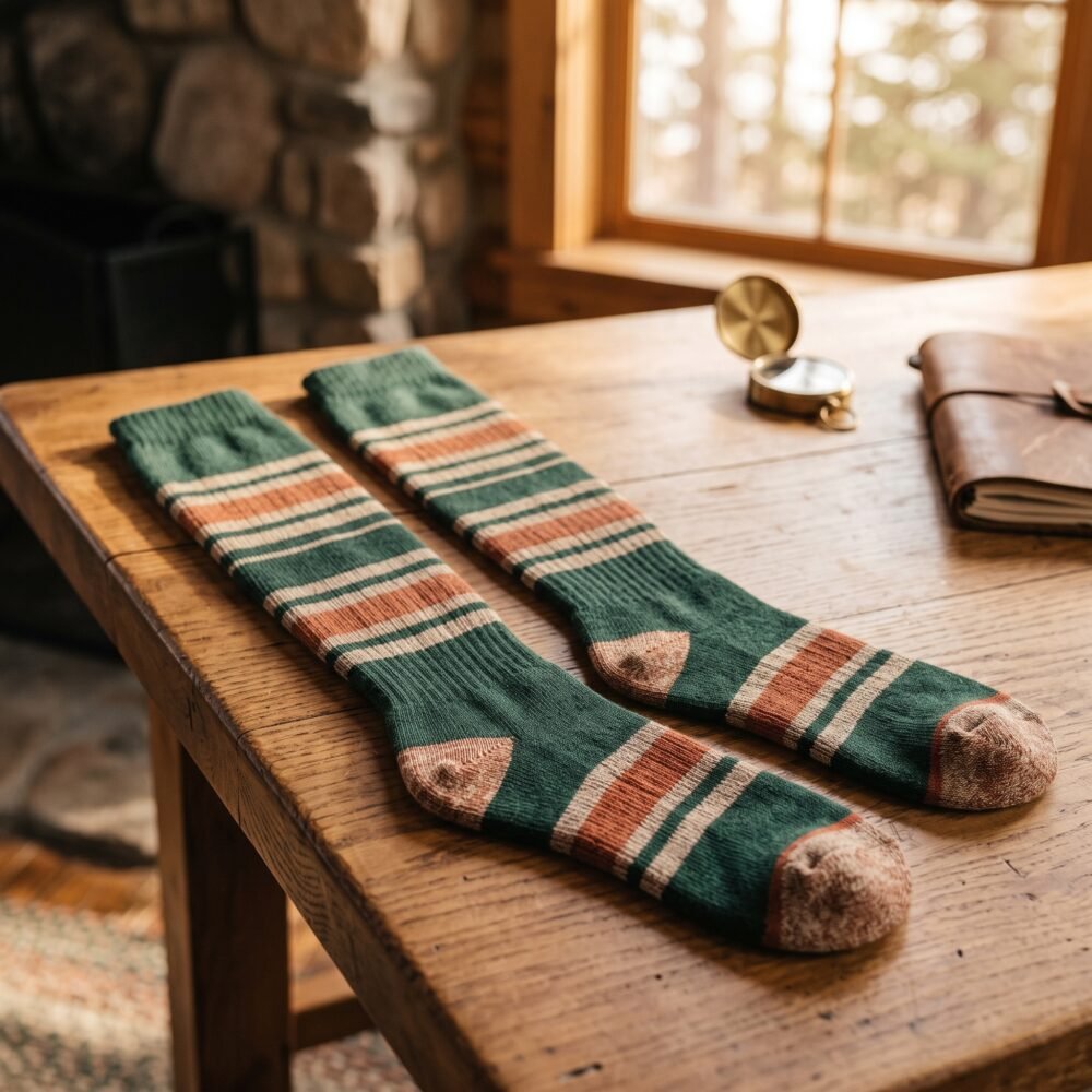 Merino wool compression socks in green with striped pattern worn with hiking boots