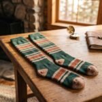 Merino wool compression socks in green with striped pattern worn with hiking boots