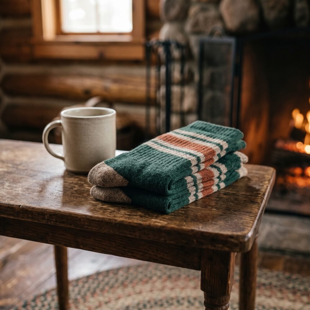 Merino wool compression socks in green with striped pattern worn with hiking boots