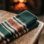 Merino wool compression socks in green with striped pattern worn with hiking boots