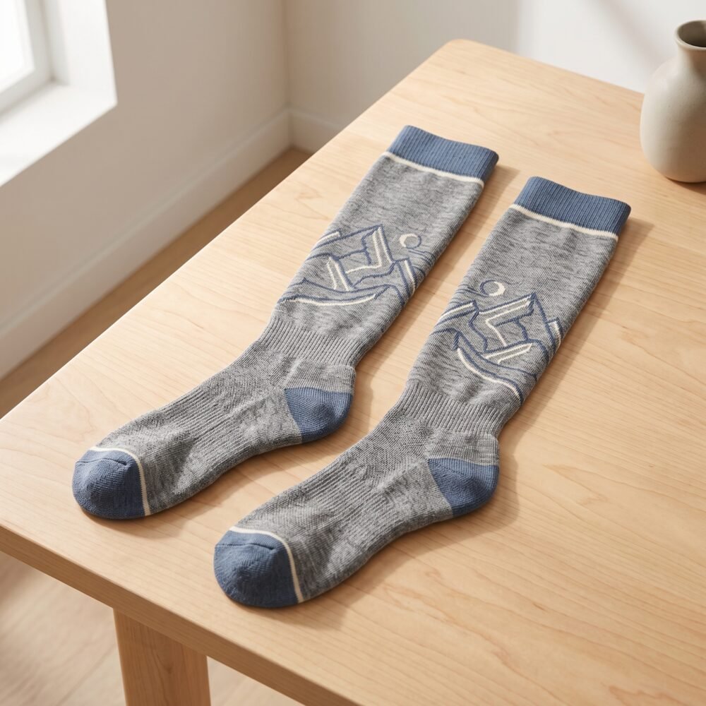 Merino wool compression socks in gray with navy accents and mountain pattern