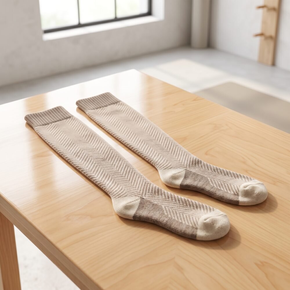 Merino wool compression socks in beige taupe herringbone knee-high design