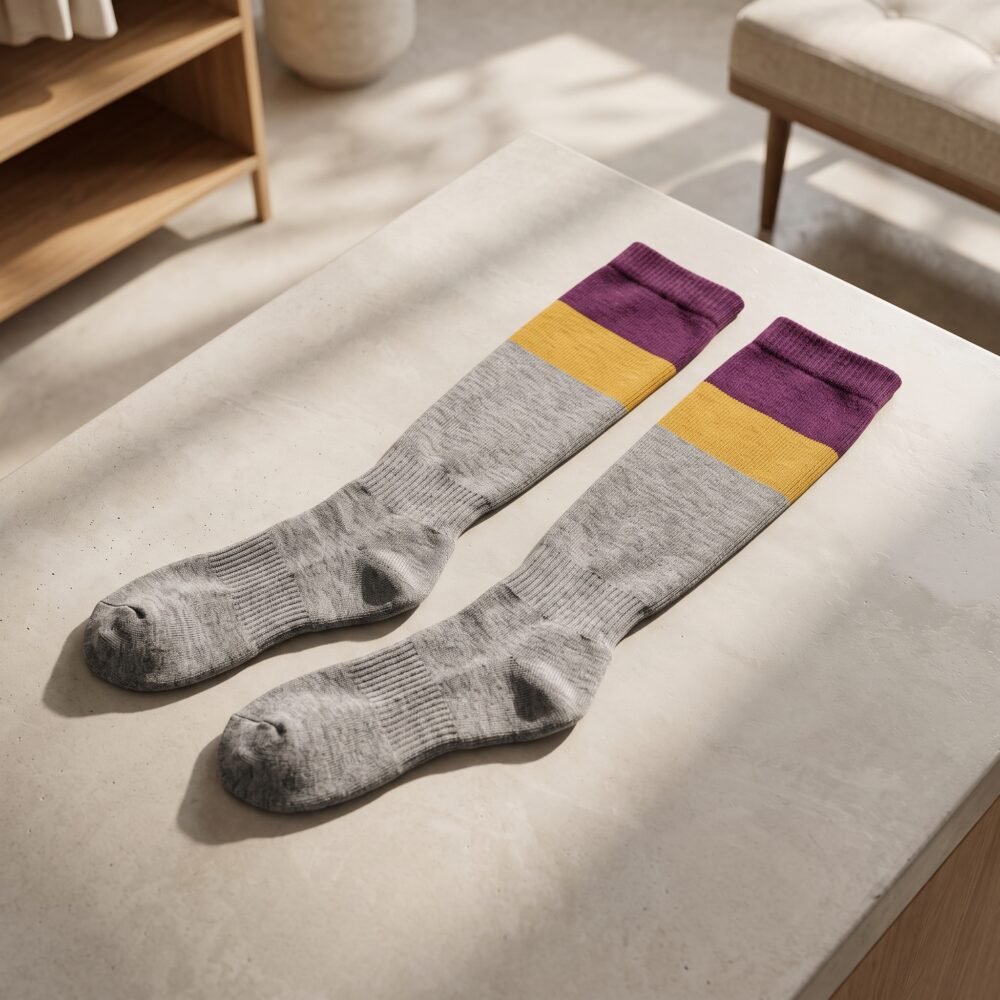 Merino wool compression socks with gray plum and mustard color block stripes