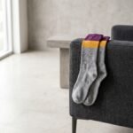 Merino wool compression socks with gray plum and mustard color block stripes