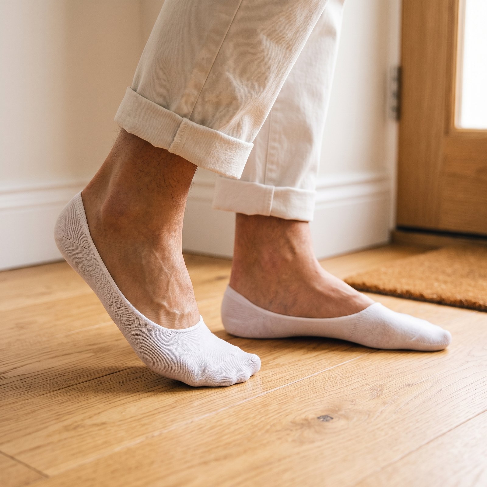 Premium White No Show Socks Person's foot wearing white breathable no show socks on a wooden floor, paired with dark trousers.