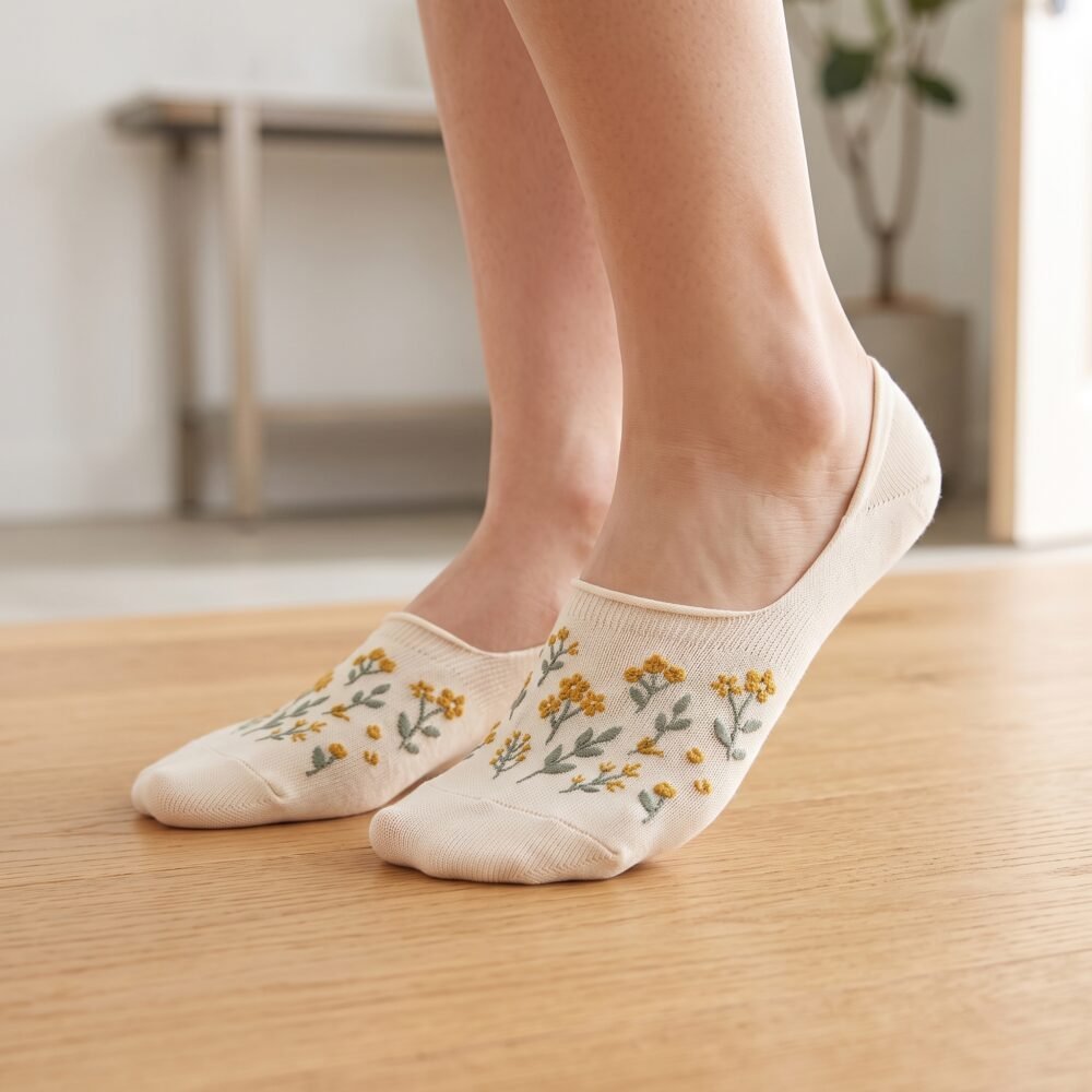 A close-up of a person's feet wearing cream-colored no show socks with a delicate yellow wildflower pattern, standing on a light wood floor.