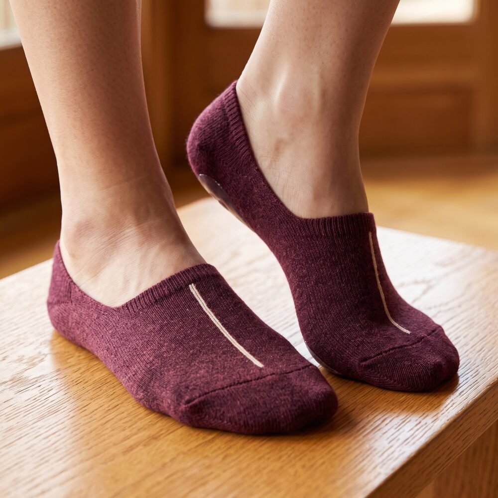 A close-up of a person's feet wearing deep burgundy no show socks with a single vertical white stripe, standing on a light wood floor.
