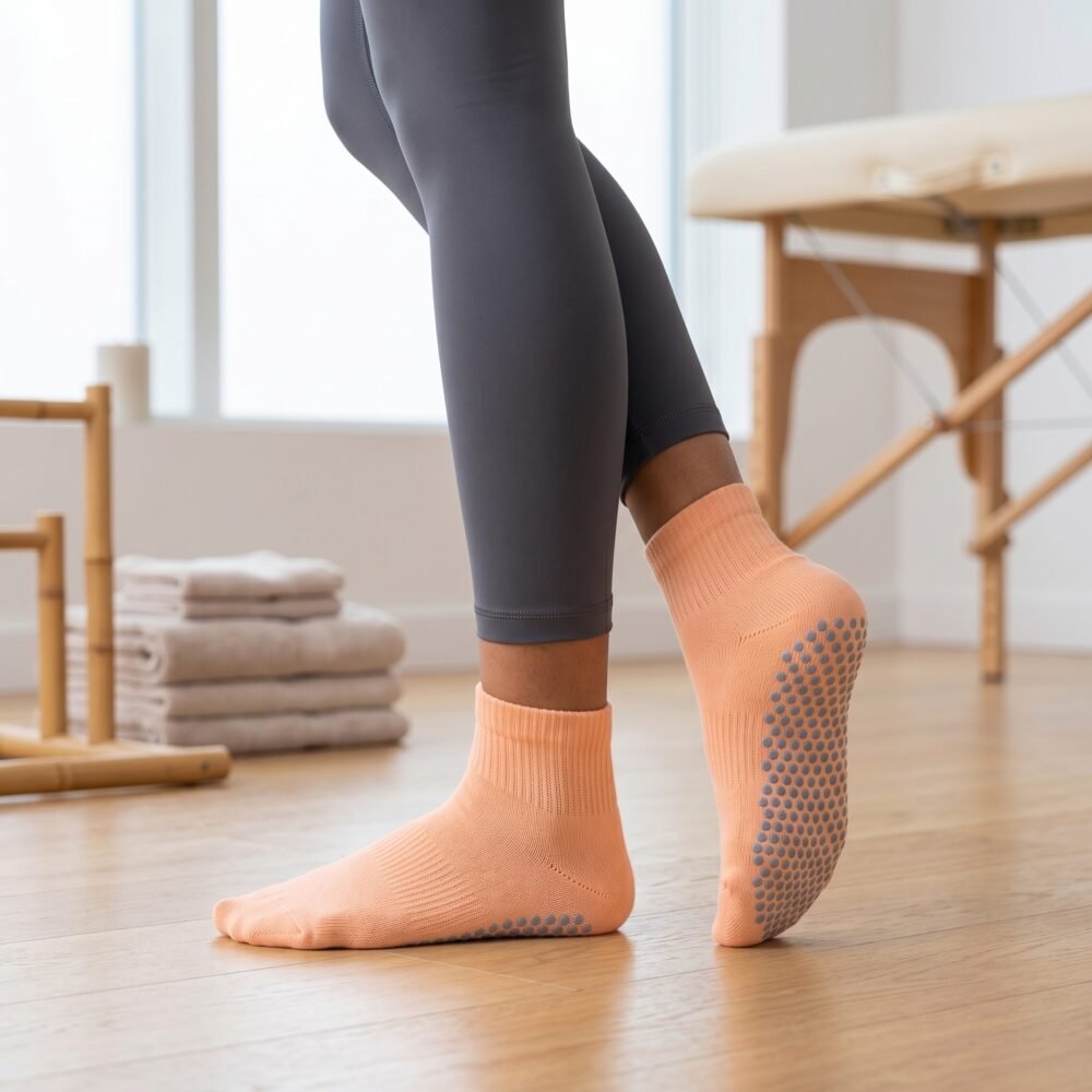 Peach Pilates Socks with gray non-slip grip dots displayed on a yoga mat