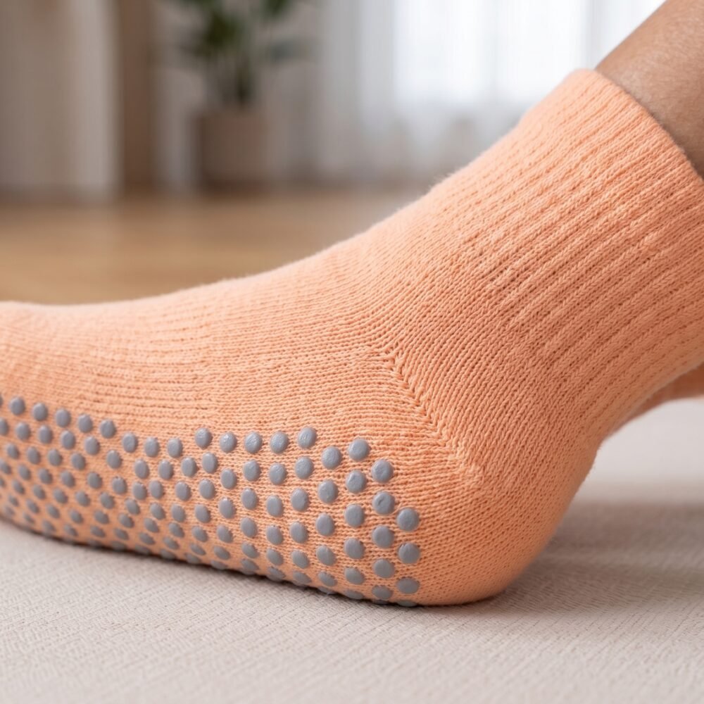 Peach Pilates Socks with gray non-slip grip dots displayed on a yoga mat