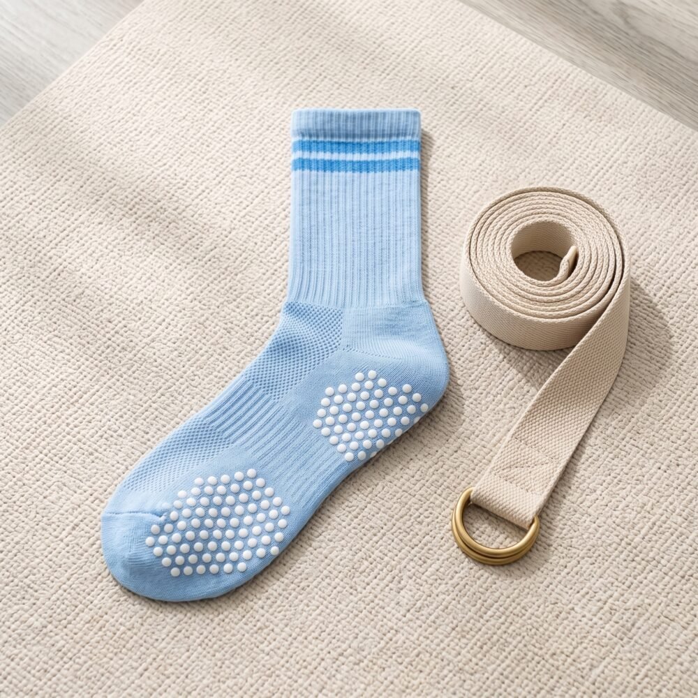Light blue Pilates socks with white non-slip grip dots worn during an indoor workout