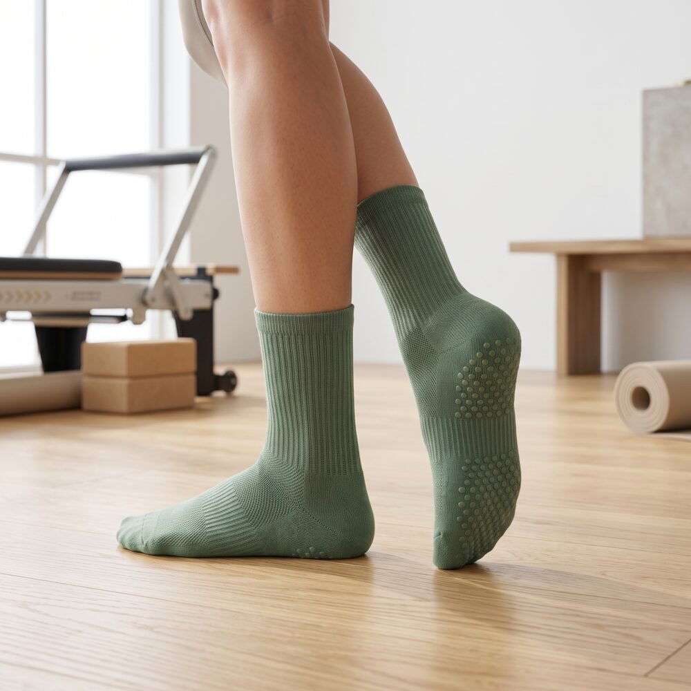Sage green Pilates socks with non-slip grip dots worn during an indoor Pilates workout