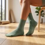 Sage green Pilates socks with non-slip grip dots worn during an indoor Pilates workout