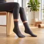 Charcoal gray Pilates socks with non-slip grip dots shown during a Pilates workout