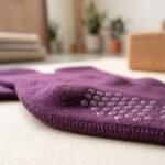 Plum purple pilates socks with non-slip grip soles worn during an indoor Pilates workout