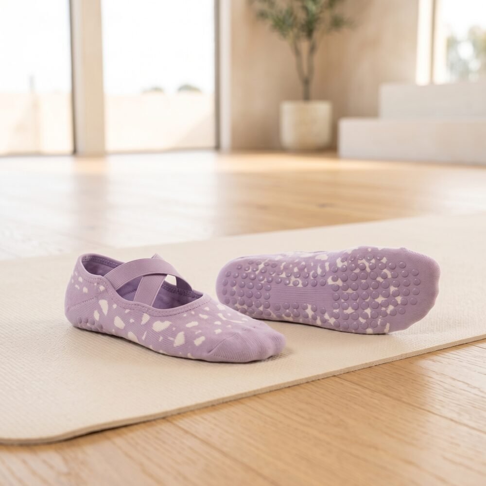 Pilates socks with cross strap design and non-slip grip soles on a Pilates mat