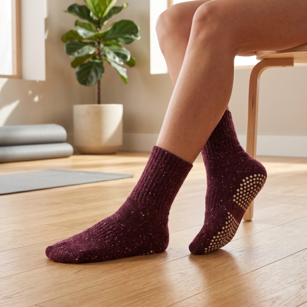 Maroon speckled Pilates socks with non-slip grip dots on the soles