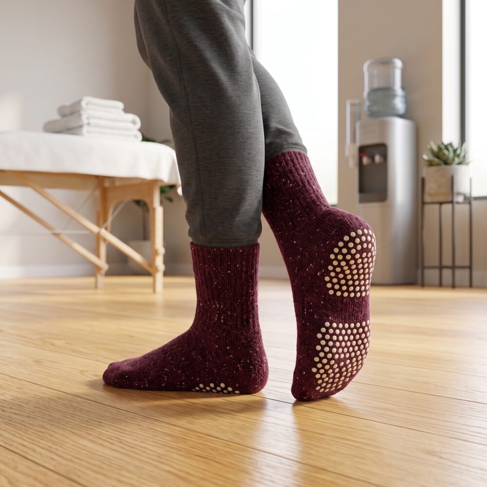 Maroon speckled Pilates socks with non-slip grip dots on the soles