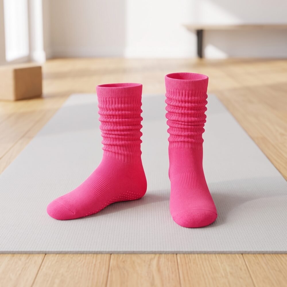 Bright pink pilates socks with non-slip grip dots on the soles for studio workouts