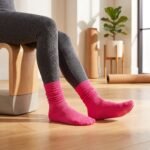 Bright pink pilates socks with non-slip grip dots on the soles for studio workouts