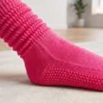 Bright pink pilates socks with non-slip grip dots on the soles for studio workouts