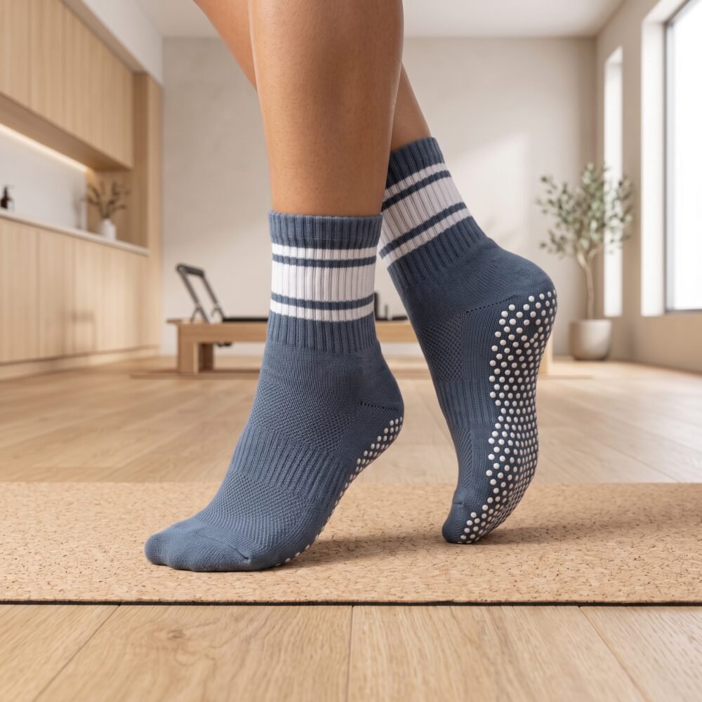 Blue and white striped pilates socks with non-slip grip dots on the soles