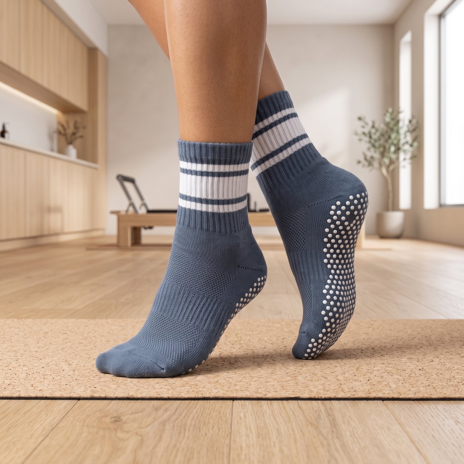 Blue Non-Slip Pilates Socks for Women Blue and white striped pilates socks with non-slip grip dots on the soles