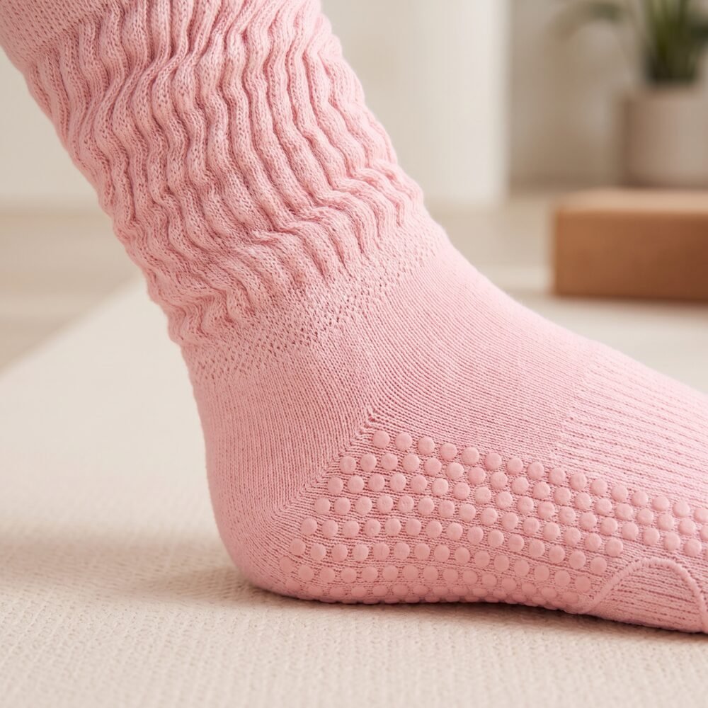 Pink Pilates socks with non-slip grip dots and textured knit design