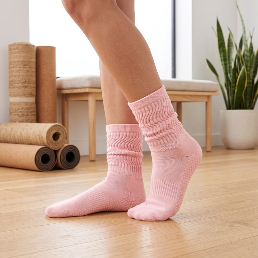 Pink Pilates socks with non-slip grip dots and textured knit design