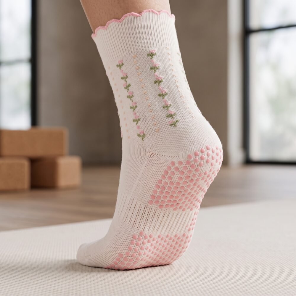 Floral Pilates socks with pink non-slip grip dots and scalloped cuff