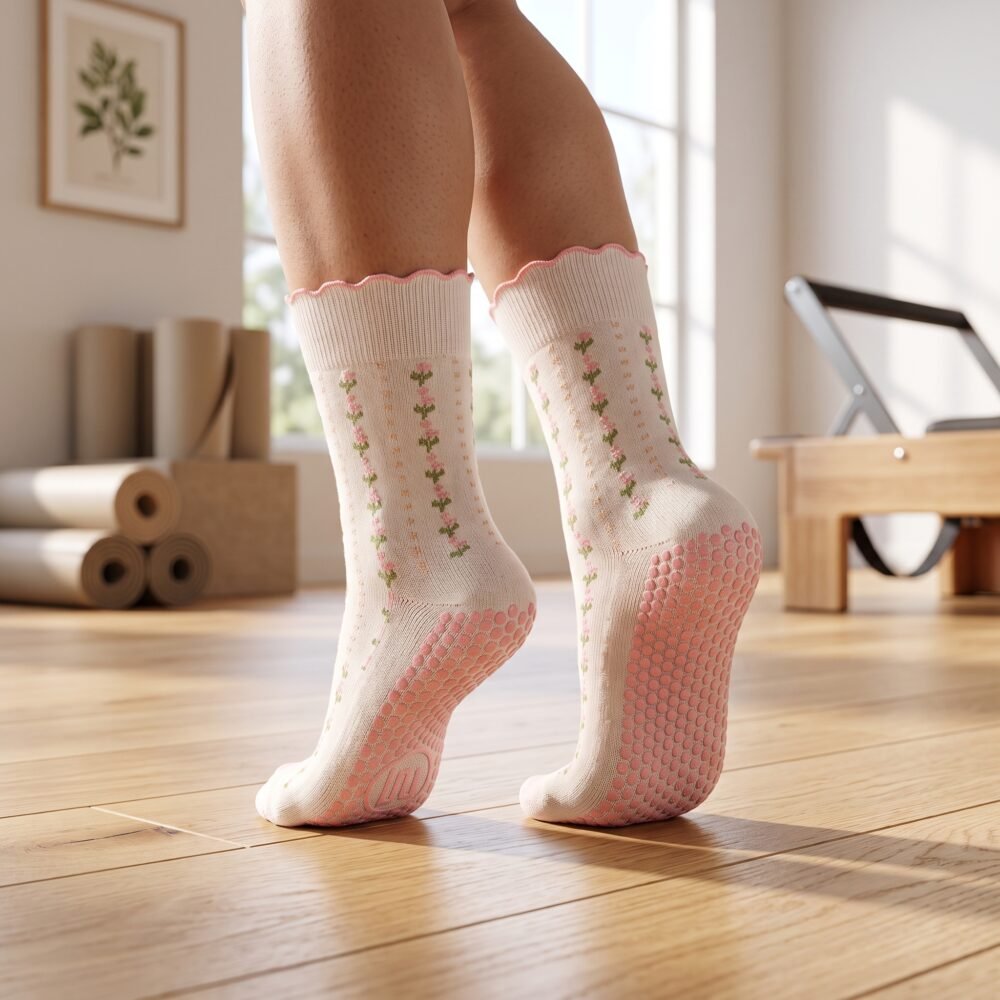 Floral Pilates socks with pink non-slip grip dots and scalloped cuff