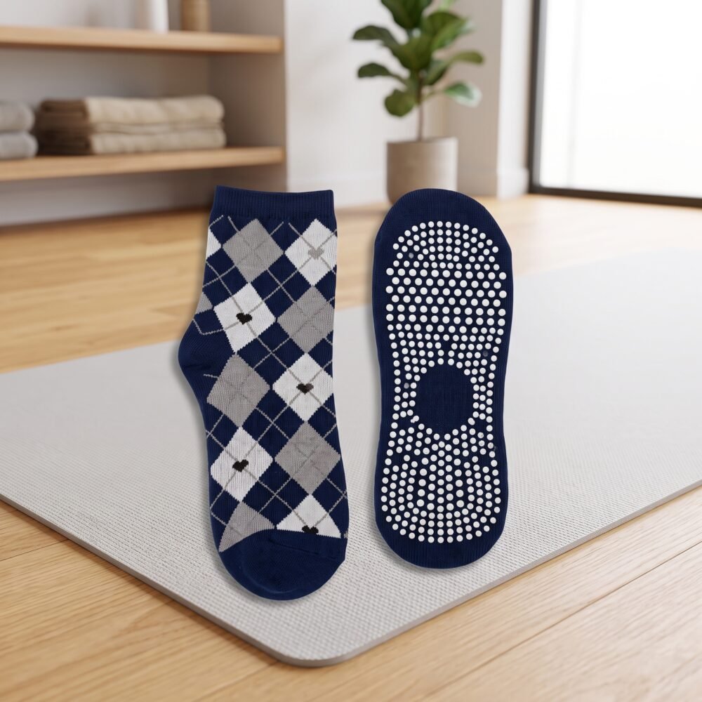 Navy argyle Pilates socks with white diamond pattern and non-slip grip soles
