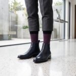 Lehvera men purple merino wool socks with herringbone pattern and black ribbed cuff