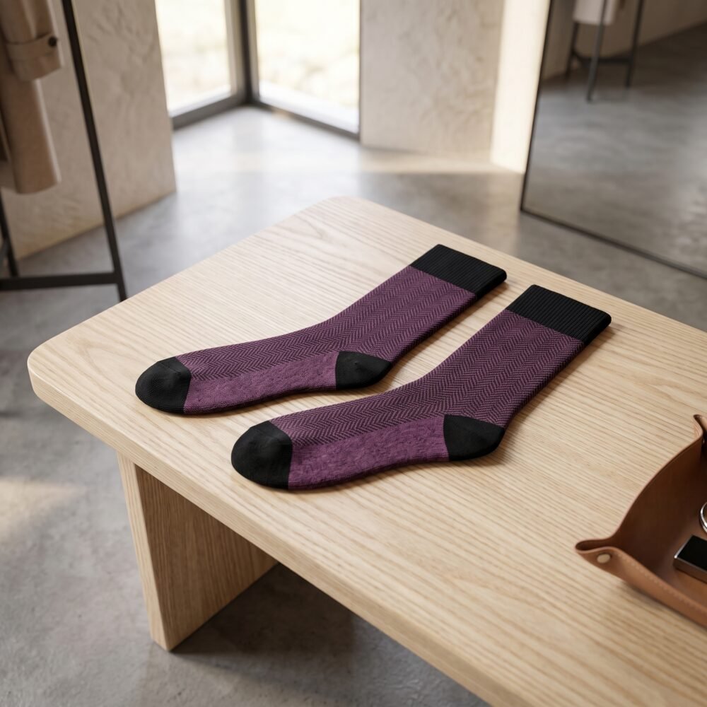 Lehvera men purple merino wool socks with herringbone pattern and black ribbed cuff