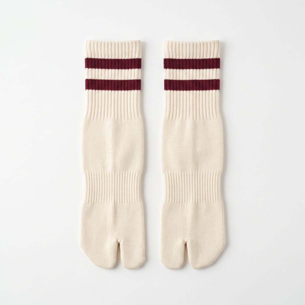 A pair of cream-colored crew-length Tabi socks featuring a split toe and two maroon stripes at the ribbed cuff, standing upright on a sunlit wooden floor.