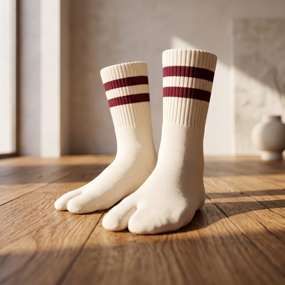 A pair of cream-colored crew-length Tabi socks featuring a split toe and two maroon stripes at the ribbed cuff, standing upright on a sunlit wooden floor.