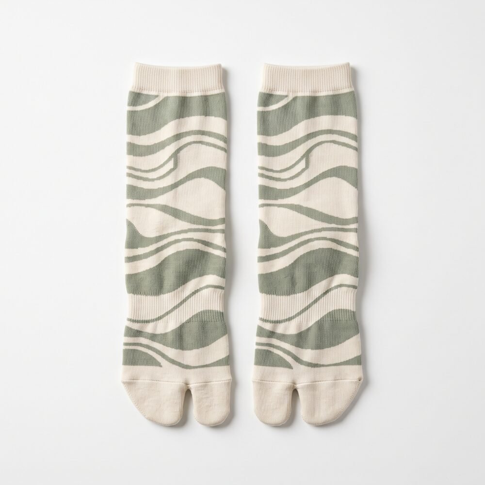 A pair of tall cream Tabi socks featuring an abstract sage green wavy pattern, laid flat against a crisp white background.