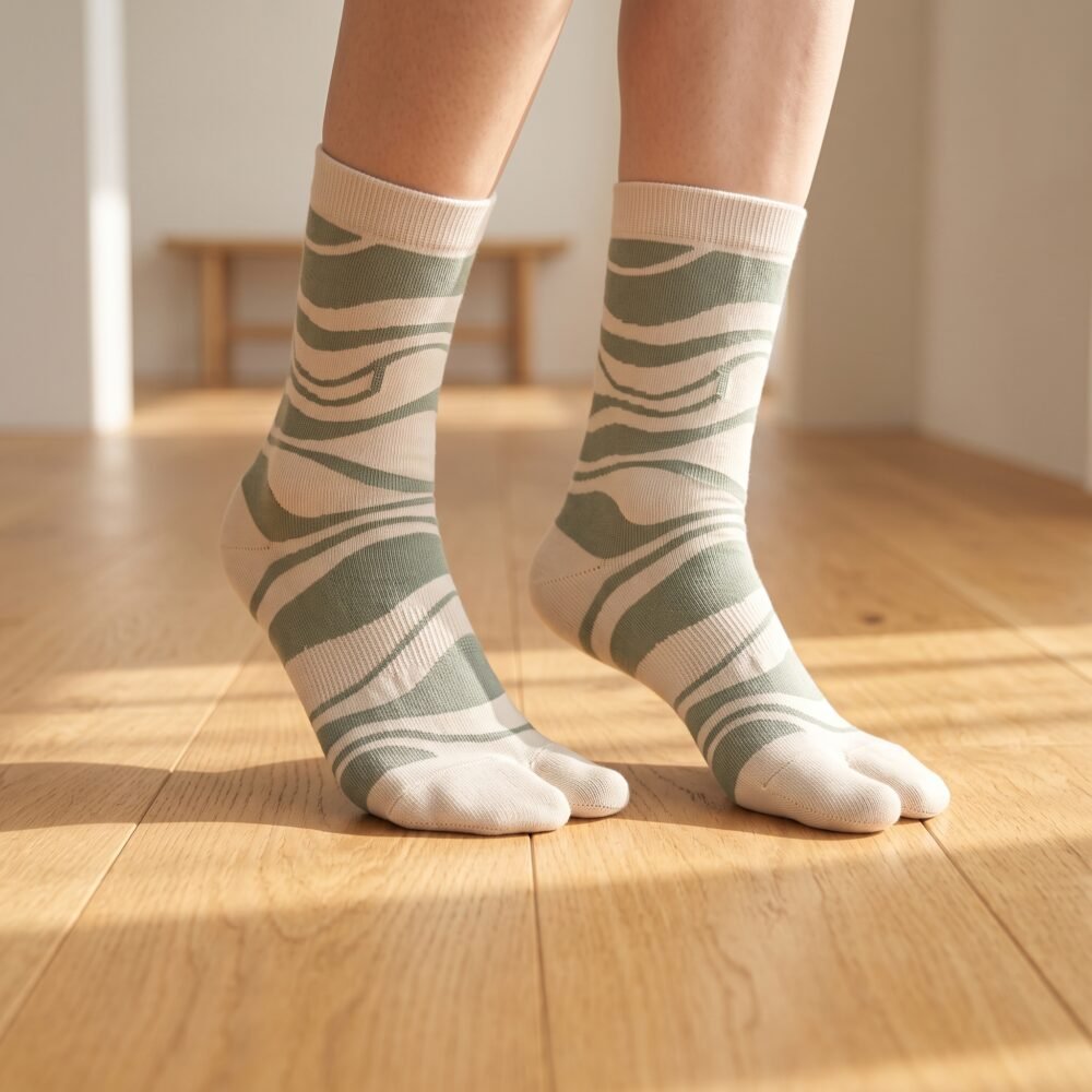 A pair of tall cream Tabi socks featuring an abstract sage green wavy pattern, laid flat against a crisp white background.