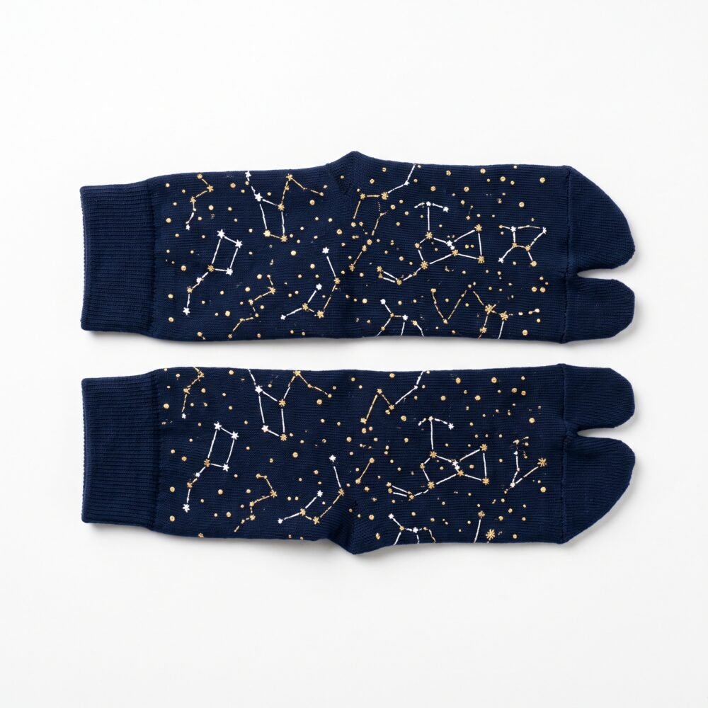 A person wearing navy blue crew-length Tabi socks featuring a gold and white star constellation pattern, standing on a light wood floor.