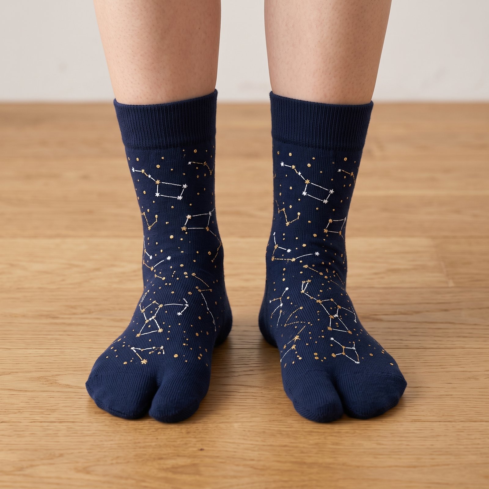 Navy-Blue-Celestial-Constellation-Tabi-Socks A person wearing navy blue crew-length Tabi socks featuring a gold and white star constellation pattern, standing on a light wood floor.