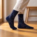 A person wearing navy blue crew-length Tabi socks featuring a gold and white star constellation pattern, standing on a light wood floor.