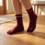 A person wearing heathered burgundy ankle-length Tabi socks with a single thin white stripe at the ribbed cuff, standing on a light wood floor.