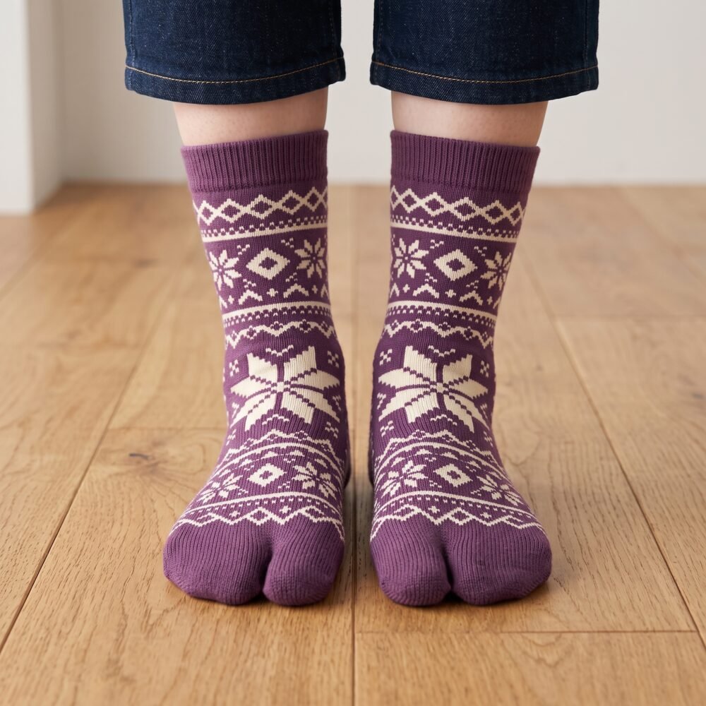 A pair of tall plum purple Tabi socks featuring a cream Nordic Fair Isle snowflake pattern, laid flat side-by-side against a crisp white background.