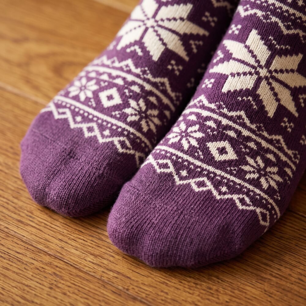 A pair of tall plum purple Tabi socks featuring a cream Nordic Fair Isle snowflake pattern, laid flat side-by-side against a crisp white background.