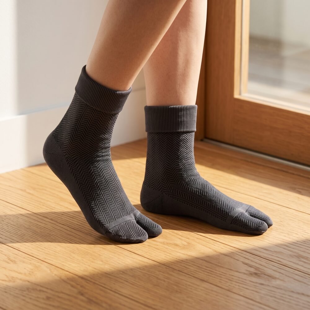 A person wearing charcoal grey ankle-length Tabi socks with a herringbone knit texture and folded cuffs, standing on a sunlit wooden floor.